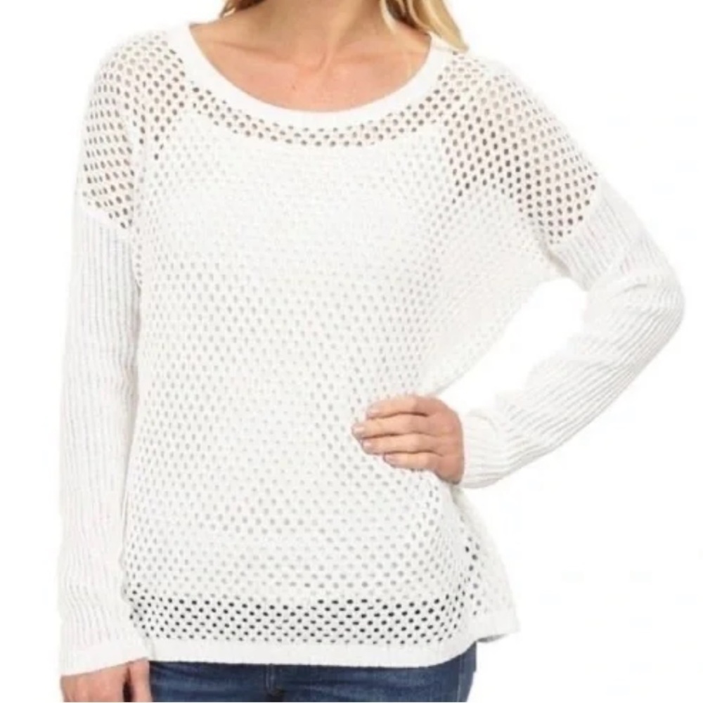 PrAna Sweater XS White Parker Open Knit Organic Cotton Pointelle High/Low Hem